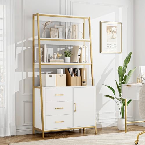 HITHOS White Gold Bookshelf, 69" H Ladder Book Shelf with Drawers & ...