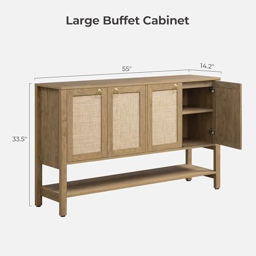 SICOTAS Boho Rattan 110" Long Sideboard Buffet Cabinet with Storage Doors