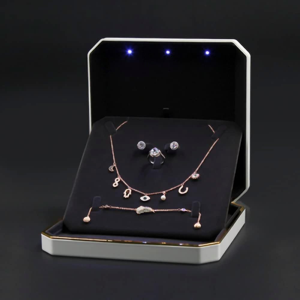 HSLFUAI Necklace Box with Led,Jewelry Box for Necklace, Jewelry Gift Box for Wedding, Birthday, Valentine' Day, Mother'S Day, Christmas,Black Velvet Interior Necklace Box(White)