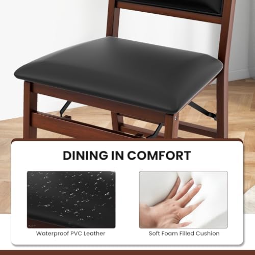 KOTEK Folding Dining Chairs Set of 2, Wooden Kitchen Chairs with Padded Seat ...