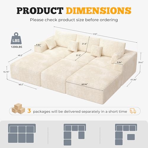 113" Modular Sectional Sofa Bed, Convertible Cloud Couches for Living Ro...