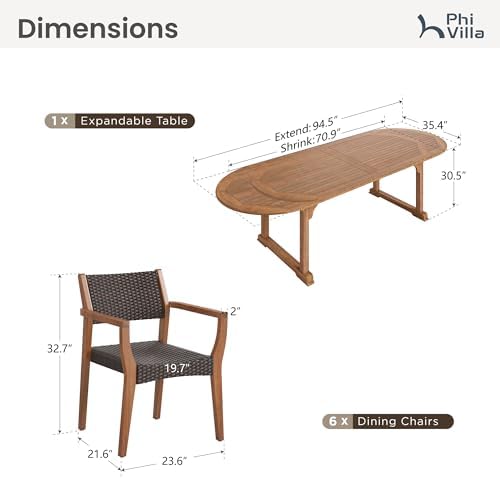 PHI VILLA Outdoor Dining Set for 6, Expandable Acacia Wood Table & Chairs