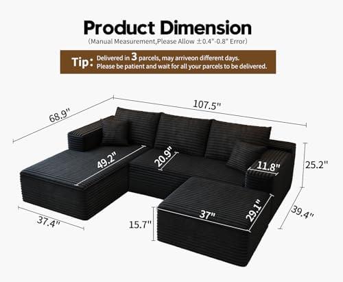 107.5" Cloud Modular Sectional Sofa with 1 Ottoman,Modern Minimalist Uph...