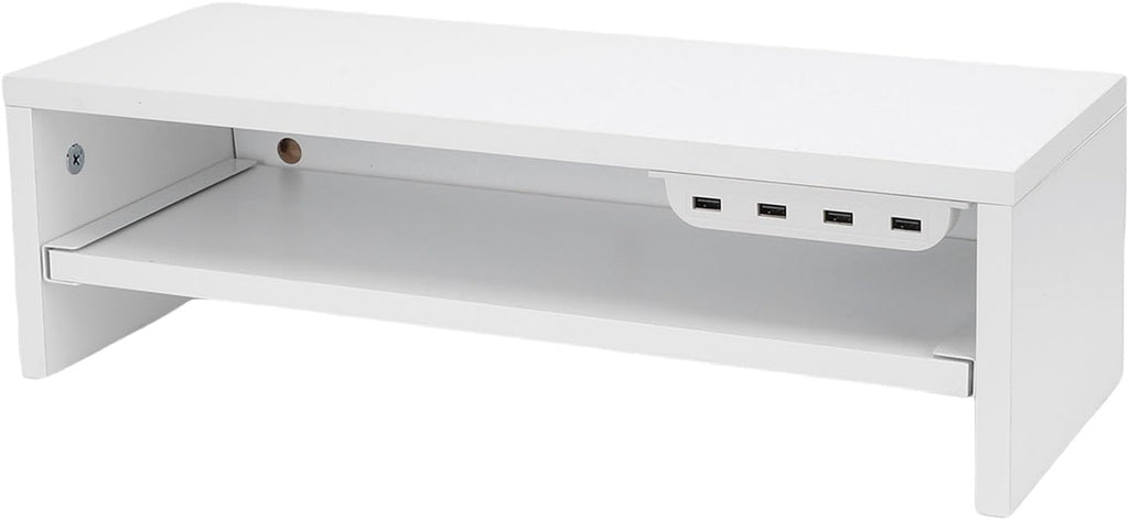 BAFOVY Desktop Monitor Stand Riser with USB Hub and Drawer, 20-Inch Wooden Desk Organizer for Laptop and Computer Screens, 15cm Height Adjustable Solution (Milk White)