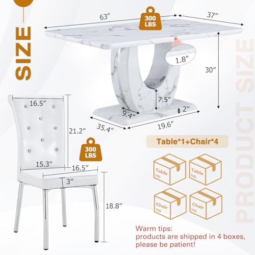 JUFU 63-Inch Faux Marble Dining Table Set for 4, White Chairs, Silver Legs | ...