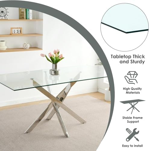 Modern 63 Inch Glass Dining Table Set for 4, 5 PCS Kitchen Table Set, Clear T...