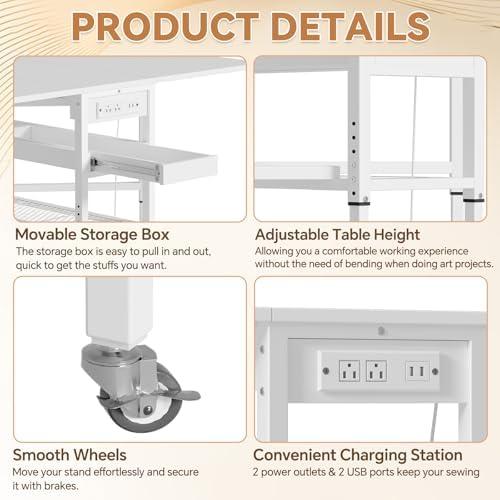 PAKASEPT Height Adjustable Sewing Cutting Table with Charging Station, Foldin...