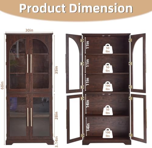 Joaxswe 68" Tall Bookcase with 4 Glass Doors, Farmhouse 5 Tire Bookshelf