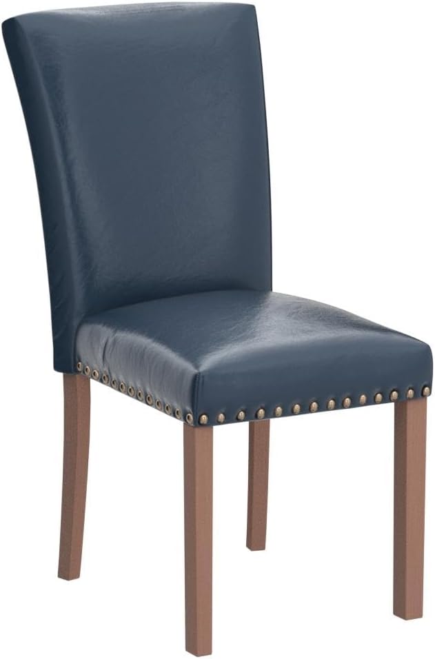 COLAMY Upholstered Parsons Dining Chairs Set of 2, PU Leather Dining Room Kitchen Side Chair with Nailhead Trim and Wood Legs - Blue