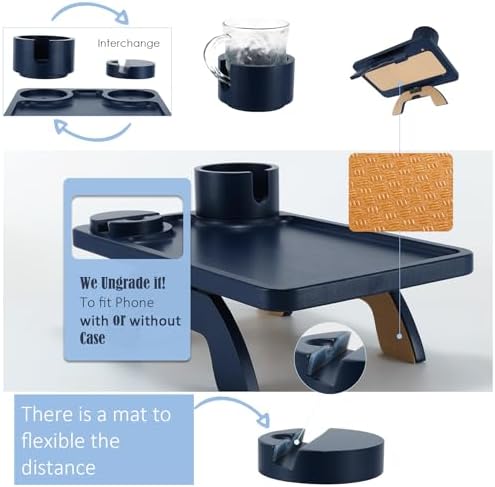 Nnewvante Couch Armrest Tray 3 in 1 Bamboo Clip-on Couch Table, Navy Blue, | ...