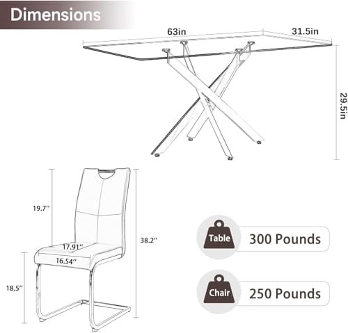 Modern 63 Inch Glass Dining Table Set for 4, 5 PCS Kitchen Table Set, Clear T...