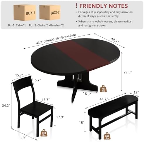 iPormis 5-Piece 59" Extendable Dining Table Set for 4, Chairs/Benches,Black
