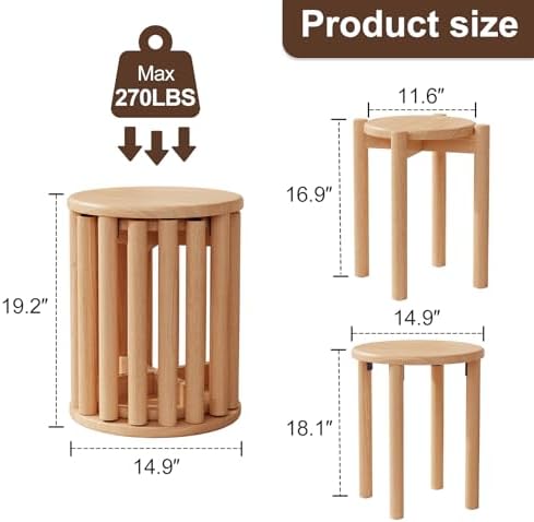 Stackable Stools Set of 4, 100% Solid Wood Stool No Installation Required, Si...