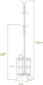 Coat Rack Freestanding with Umbrella Holder – Metal Hanger Stand, Hall Tree with 12 Hooks, Entryway Organizer for Hats, Bags, and Clothes (White)
