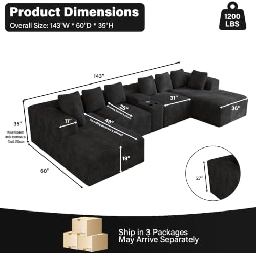 ONEMMLION 143" Oversized Cloud Sectional Couch for Living Room, Black | ...