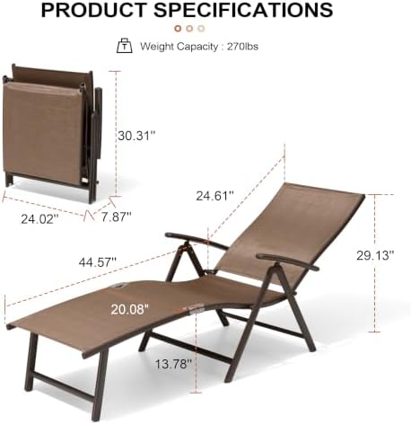 Lounge Chair Outdoor, Folding Pool Chaise Chairs Set of 3 (Brown)