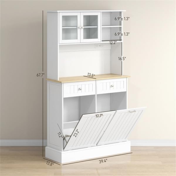 Freestanding Kitchen Storage Cabinet with Drawers, Adjustable Shelves, Glass ...