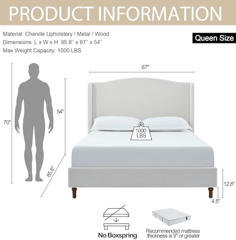 Upholstered Platform Wingback Bed Frame with 54" High Headboard, Solid W...