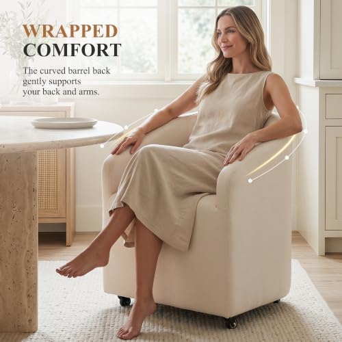 CIMOTA Linen Beige Barrel Dining Chairs with Wheels, Set of 2 — Modern Uphols...