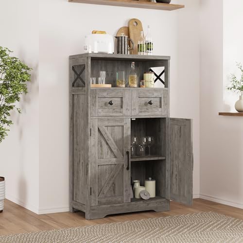 Farmhouse Storage Cabinet with Drawers, Small Kitchen Pantry Cabinet, Gray
