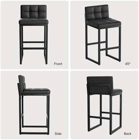 Bar Stools Set of 2, Modern Counter Height Bar Stools, Black | 24" Faux ...