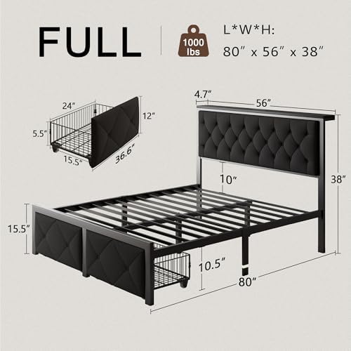 Einhomn Full Size Bed Frame with 2 Storage Drawers, Metal Platform Bed with C...