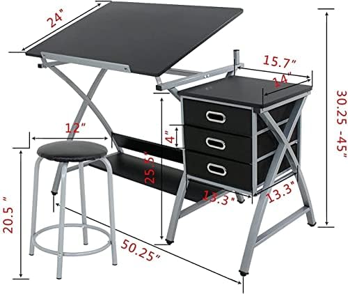 JupiterForce Drafting Table with Tiltable Tabletop and Stool, 3 Storage Drawe...