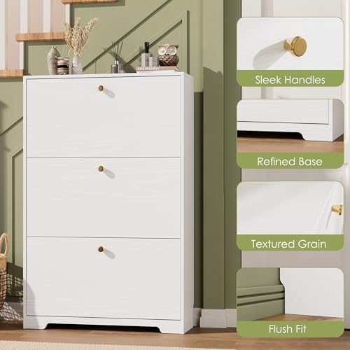 Shoe Cabinet with 3 Flip Drawers, Narrow Shoe Organizer Cabinet, Freestanding...