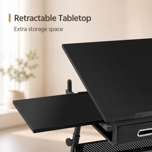 Yaheetech Adjustable Drafting Table Art Desk,Storage Drawers & Stool,Black