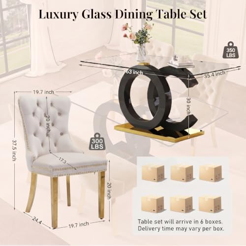 Glass Dining Table Set for 6,Modern Black Gold Dining Table Set,63" | Te...