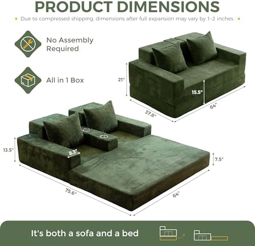MAXYOYO Sofa Bed, 64-Inch Loveseat with 2 Cup Holders | Corded Green 4-in-1 S...