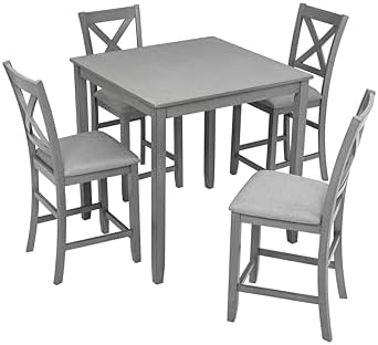 LUMISOL 5-Piece Solid Wood Table Set for 4, Farmhouse Counter Height Kitchen ...