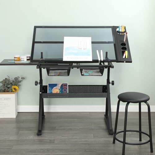Drafting Table, Height Adjustable Art Tabe with Stool, Black | 0-75° Tilting ...