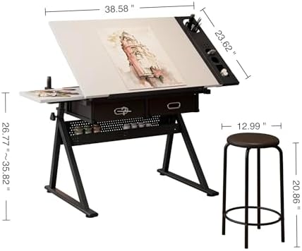 Adjustable Drawing Table with 2 Drawers & Stool, for Art & Work