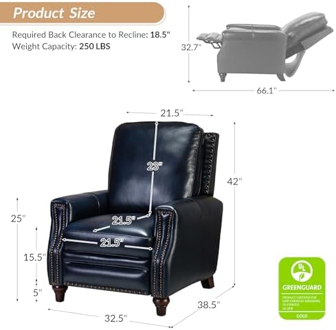 HULALA HOME Genuine Leather Manual Recliners Set of 2 with Wood Legs, Navy | ...