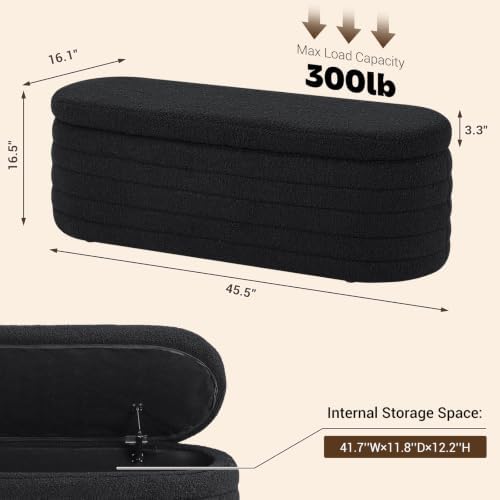 Teddy Sherpa Oval Black Ottoman with Storage, 45.5-inch Bench | Teddy Upholst...