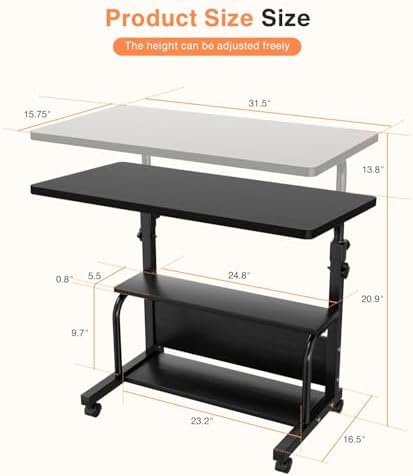 QZMDSM Portable Rolling Desk on Wheels Adjustable Height Desks for Small Spac...