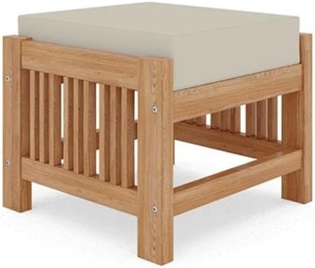 Pemberly Row Modern Teak Outdoor Ottoman, 18 x 18 x 12 in, Canvas Cushions, B...