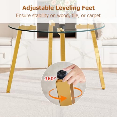 42" Round Glass Dining Table Set for 4,Modern Breakfast Table Set for 4 with Luxury Gold Chrome Legs,Space Saving Kitchen Table and White Gold Chairs for Apartment,Easy Assembly
