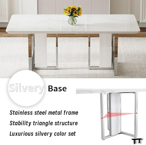 63" White Marble Dining Table Set for 6, Modern Faux Marble Dining Table with Chrome Plate Leg, Kitchen Table with 6 PU Chairs for Kitchen Dining Room, White