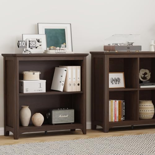 BON AUGURE Wooden Bookshelf, 2-Tier Curved Edge Bookcase, Brown Cherry