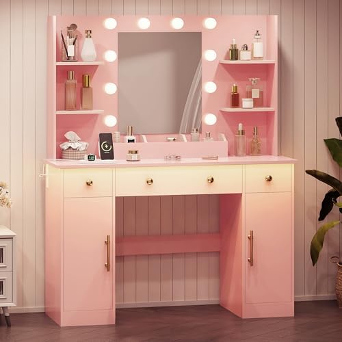 HUANLEGO Vanity Desk with Mirror and Lights, Makeup Vanity with Mirror and LE...