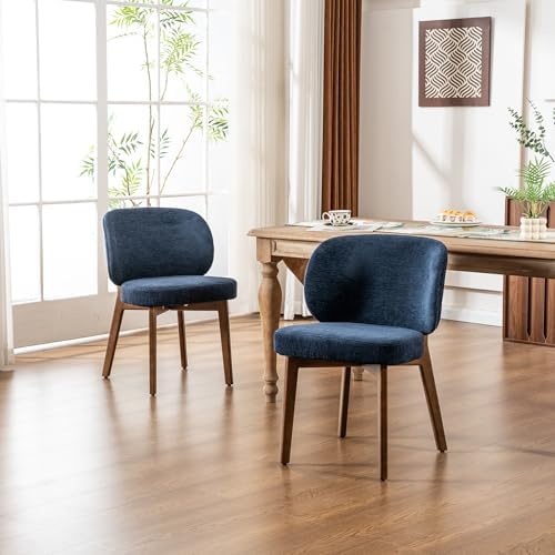 YOUNIKE Dining Chair with Back Single Mid Century Modern Kitchen Chair Boucle Fabric Upholstered Armless Chair 20" Wide Padded Seat with Wooden Legs for Kitchen Dining Living Room Bedroom Navy Blue