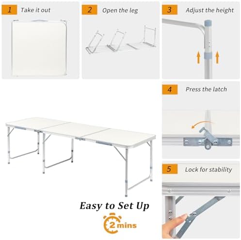 6.0 Ft Folding Portable Camping Table, White