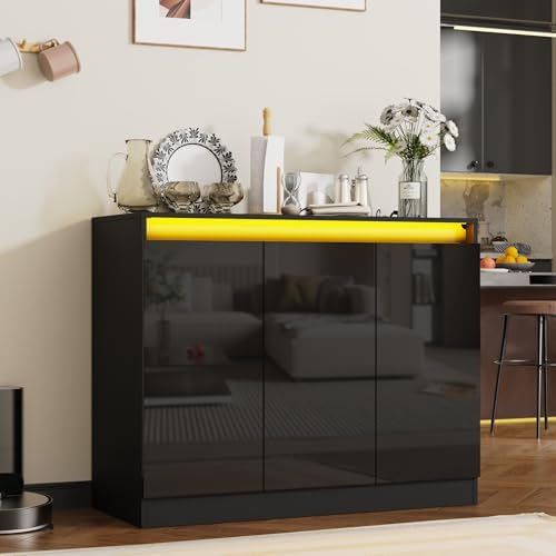 Furnify High Gloss Buffet Cabinet with LED Lights & Charging Station, Black