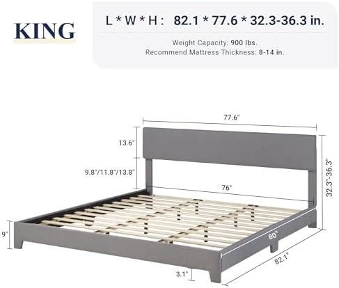 Allewie King Size Upholstered Bed Frame Adjustable Headboard, Light Grey