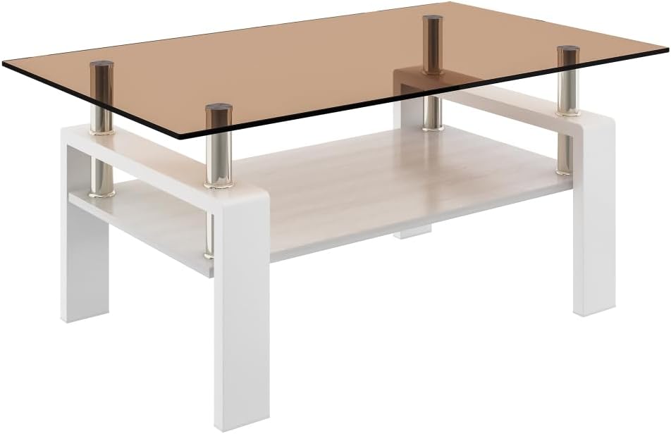 Rectangle Coffee Table, Tempered Glass Tabletop with MDF Layer, Modern Table ...
