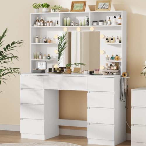 Vanity Desk with Mirror and Lights,43" Makeup Vanity Table with 9 Drawer...