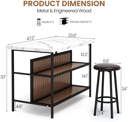 DKLGG Kitchen Island with Stools & Storage, Modern Dining Table Set for 2...