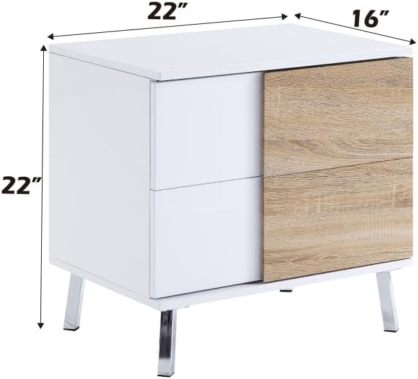 Verux White High Gloss End Table - 2 Storage Drawers, Chrome Flared Legs, Dur...